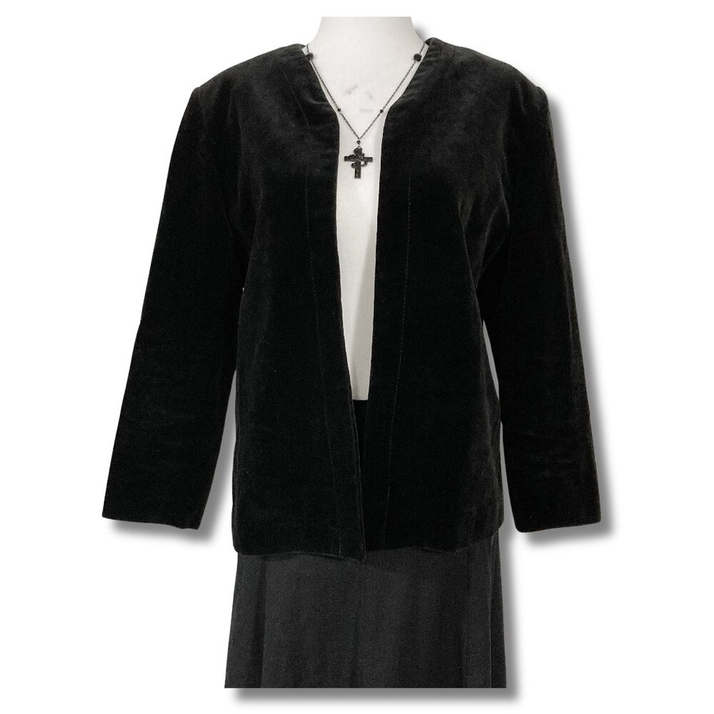 MARJORIE HAMILTON Vintage black velour open front jacket ~ MEDIUM LARGE blazer